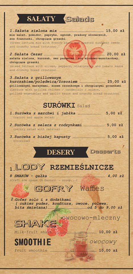 Menu restauracji z ofertą sałatek, surówek, deserów, lodów rzemieślniczych, gofrów, shake'ów i smoothie, w stylu vintage, z ilustracjami owoców.