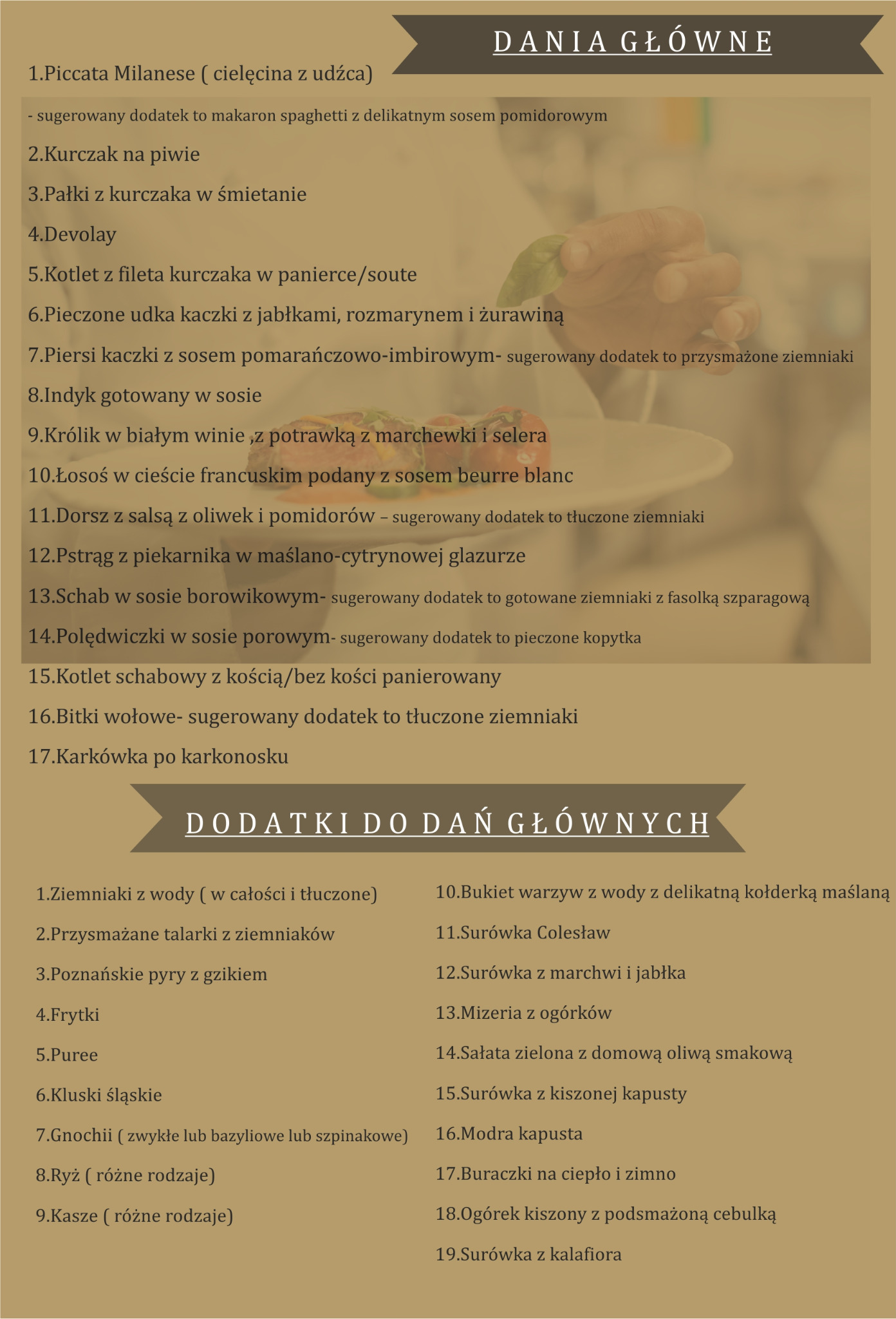 Karta menu restauracji z listą dań głównych i dodatków, wypisanych w języku polskim, z widoczną dłonią trzymającą listek bazylii w tle.