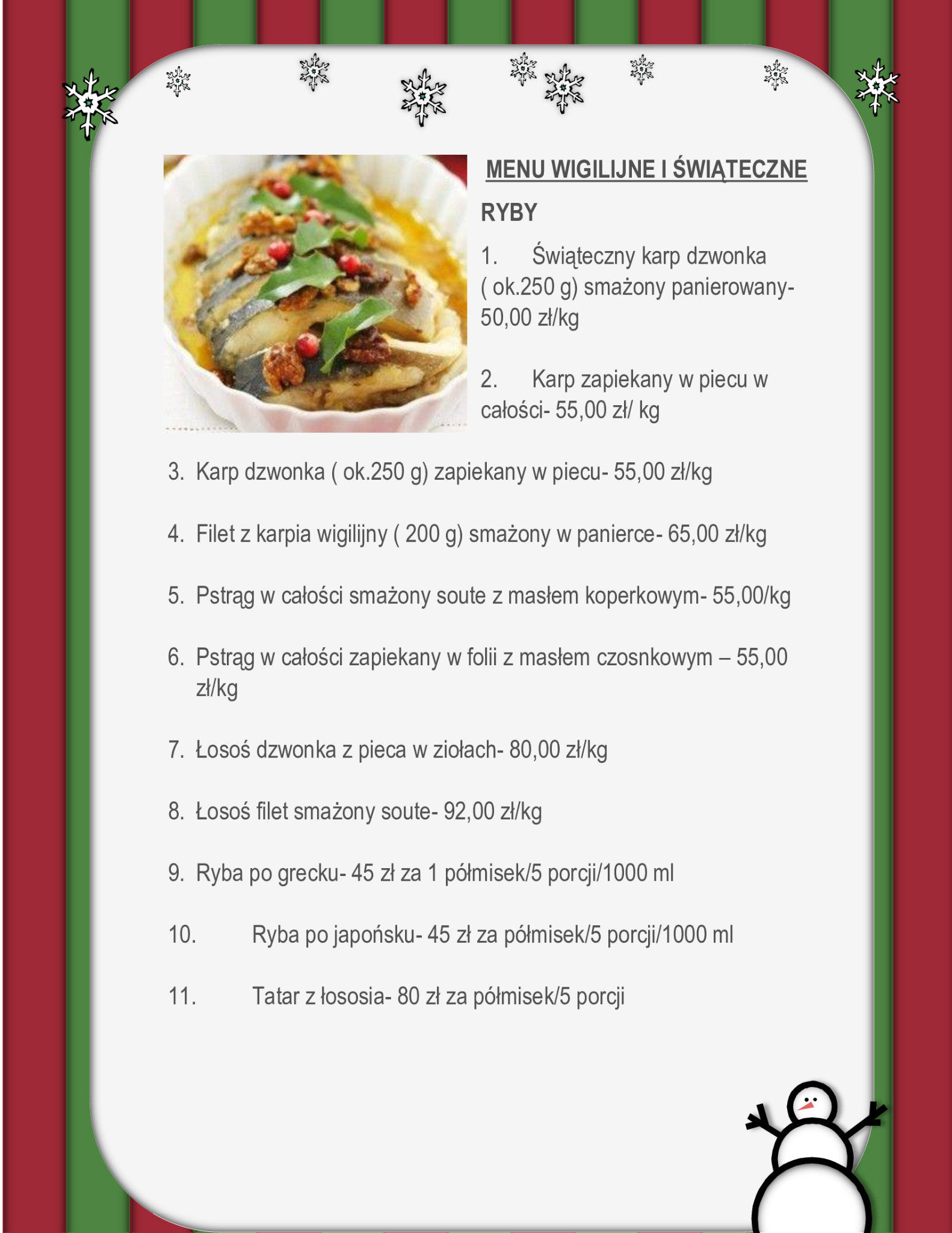 Wigilijne menu rybne z cenami, zawierające propozycje dań z karpia, pstrąga i łososia, w świątecznej oprawie graficznej z motywami śnieżynek i bałwana.