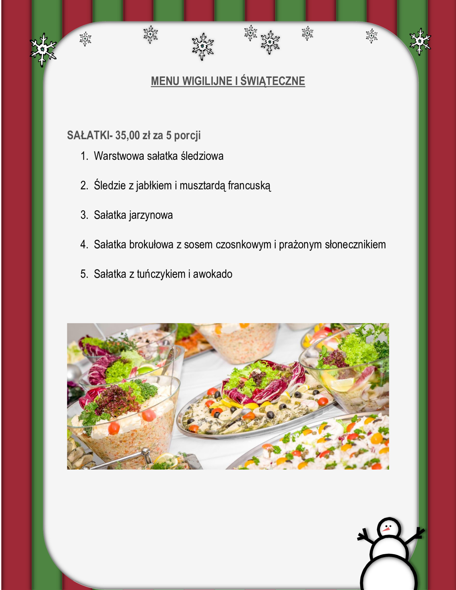 Bufet sałatkowy z różnorodnymi sałatkami w szklanych misach, w tym sałatka warstwowa, śledziowa oraz jarzynowa, z dekoracją świąteczną w tle.