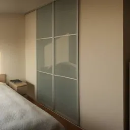 Jasny pokój z łóżkiem, przesuwną szafą z mlecznego szkła i komodą w odcieniach beżu, oświetlony porannym słońcem wpadającym przez okno.