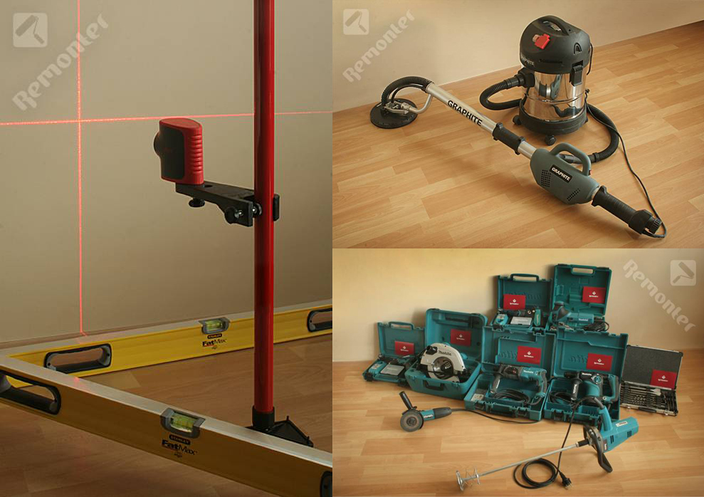Zestaw narzędzi budowlanych na podłodze: niwelator laserowy z czerwoną wiązką, poziomice, szlifierka do gładzi z odkurzaczem oraz skrzynki z elektronarzędziami.
