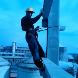 Pracownik w uprzęży, na wysokości, przy montażu konstrukcji stalowej na tle przemysłowego krajobrazu z chłodniami kominowymi.