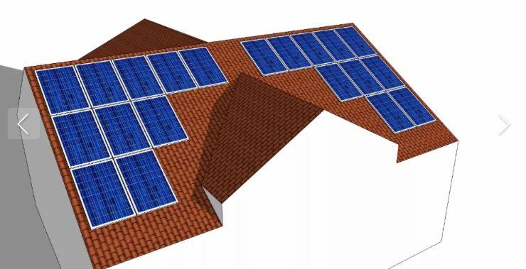 Wizualizacja 3D domu z panelami słonecznymi na dachu pokrytym czerwoną dachówką.