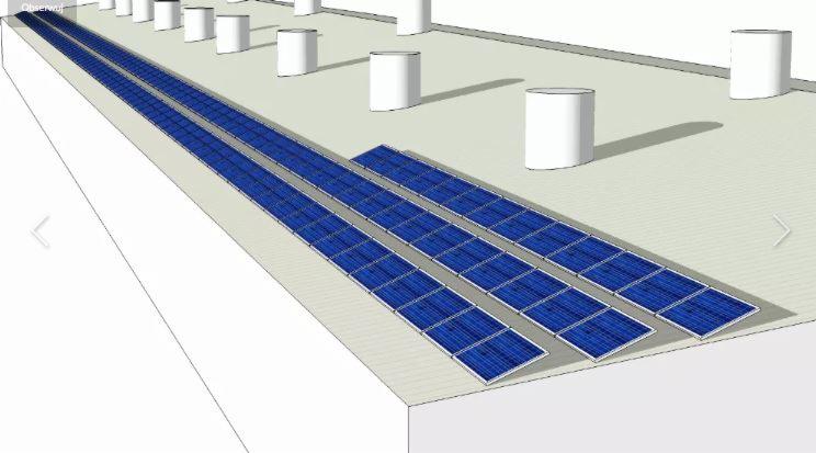 Wizualizacja rozmieszczenia paneli słonecznych na płaskim dachu z białymi kominami wentylacyjnymi, widok z góry pod kątem.