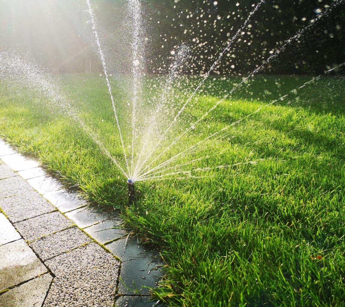 Automatyczny system nawadniania trawnika w działaniu, rozpylający wodę nad intensywnie zieloną trawą, obok wyłożonego kostką brukową chodnika.