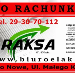 Reklama biura rachunkowego z kalkulatorem w tle, oferującego pierwszy miesiąc gratis i 30% zniżki, z adresem strony internetowej i numerem telefonu.