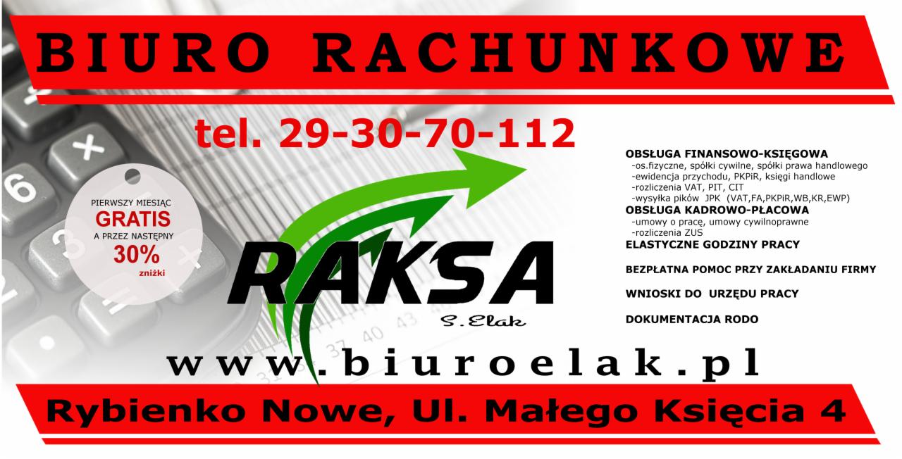 Reklama biura rachunkowego z kalkulatorem w tle, oferującego pierwszy miesiąc gratis i 30% zniżki, z adresem strony internetowej i numerem telefonu.