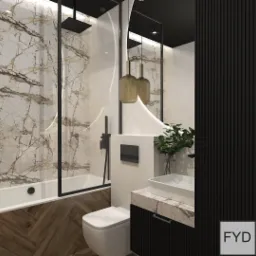 Nowoczesna łazienka z marmurowymi płytkami, kabiną prysznicową ze szklaną ścianką, drewnianą podłogą w jodełkę i wiszącą lampą w stylu industrialnym.