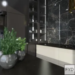 Wizualizacja nowoczesnej kuchni z czarnymi frontami, marmurowym backsplashiem, zabudowanym sprzętem Samsung i złotym okapem, uzupełniona roślinami w metalowych doniczkach na pierwszym planie.