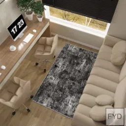 Wizualizacja biura domowego z dwoma stanowiskami pracy, beżową sofą i wzorzystym dywanem, widok z góry.