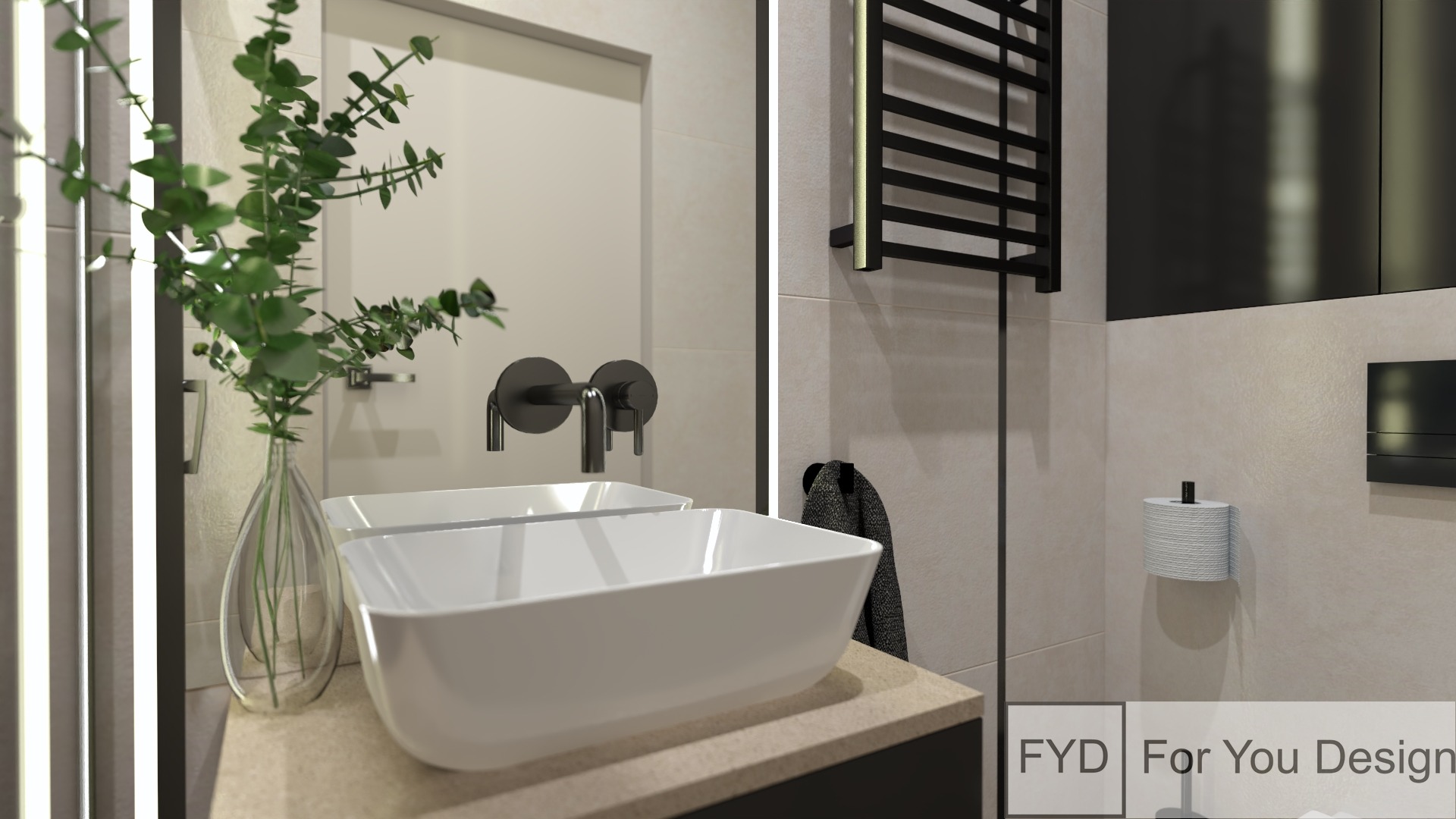 Nowoczesna łazienka z białą, prostokątną umywalką nablatową, czarną armaturą ścienną, grzejnikiem drabinkowym i dekoracyjną gałązką eukaliptusa w szklanym wazonie.