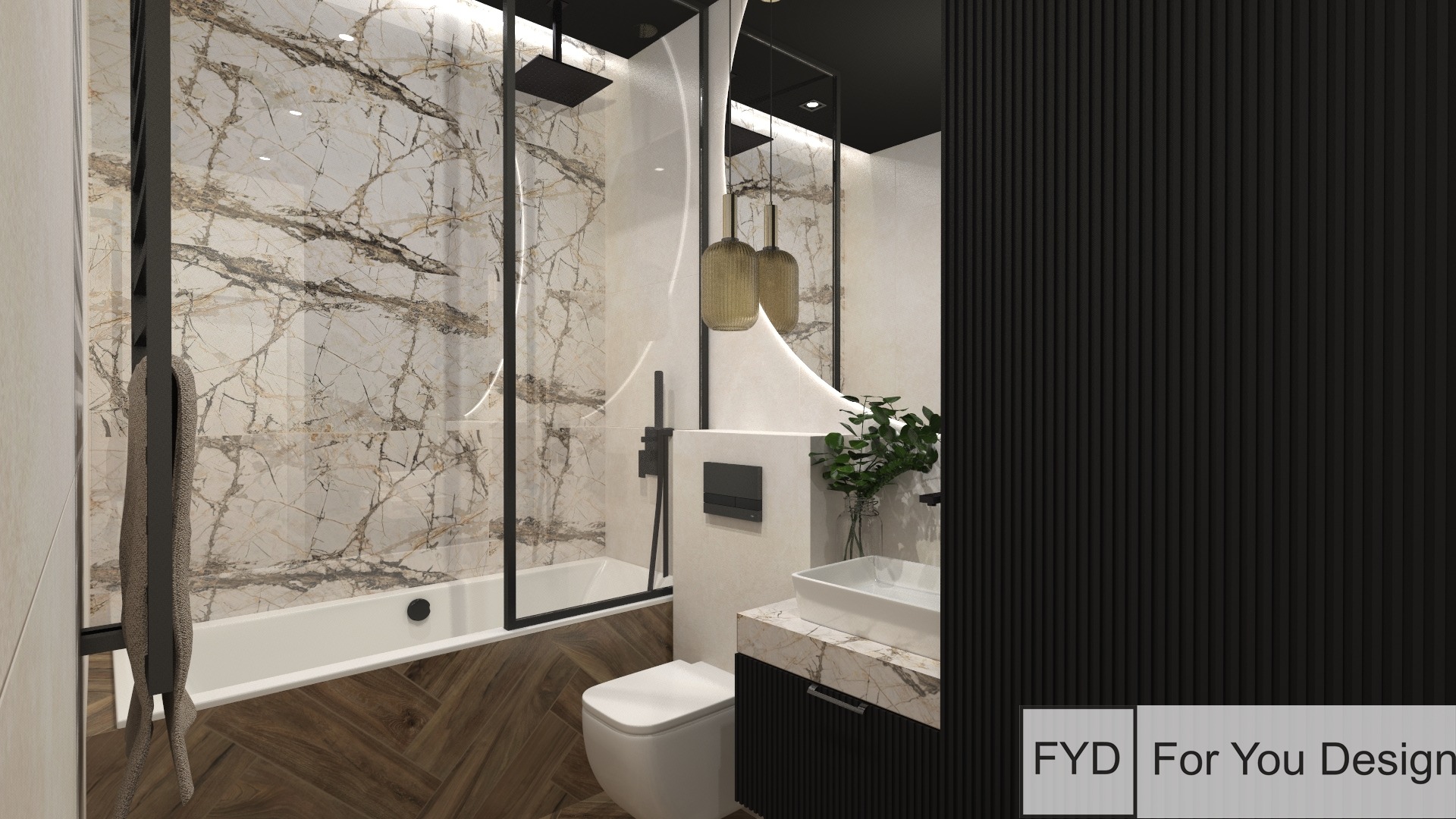 Nowoczesna łazienka z marmurowymi płytkami, kabiną prysznicową ze szklaną ścianką, drewnianą podłogą w jodełkę i wiszącą lampą w stylu industrialnym.