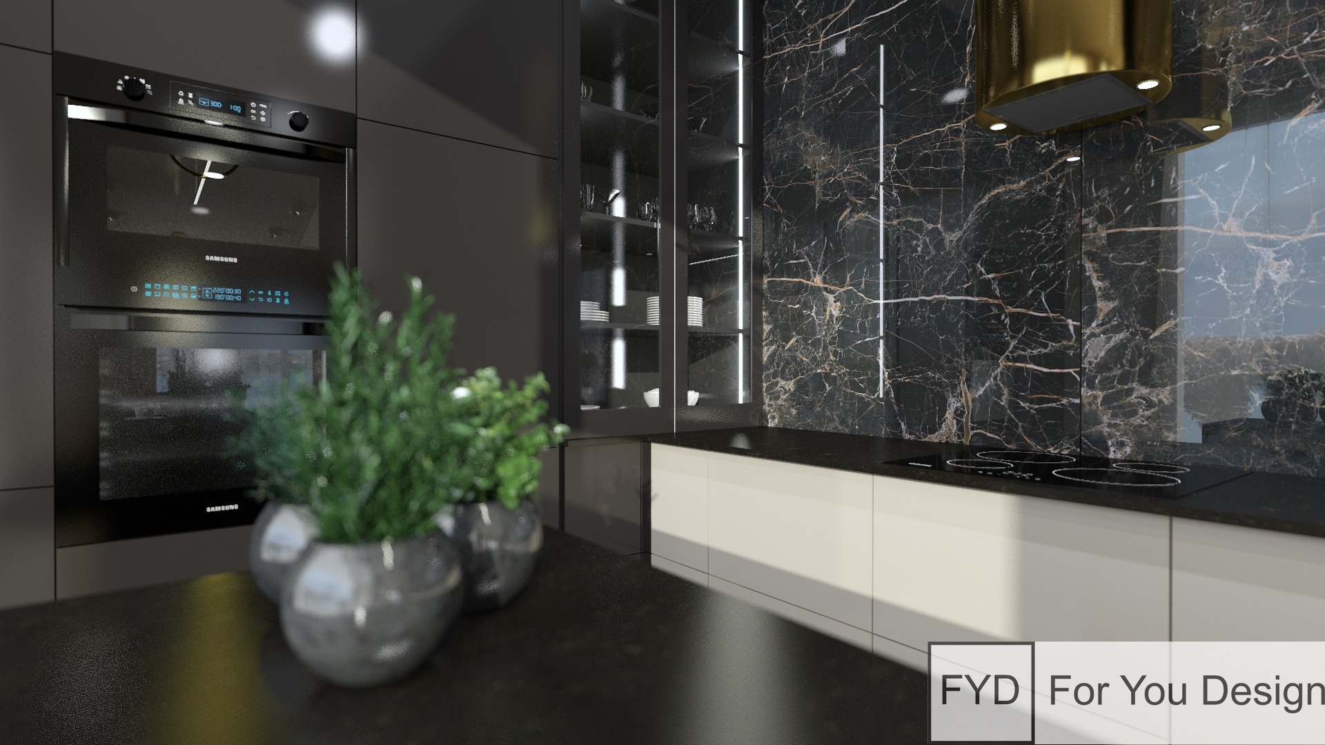 Wizualizacja nowoczesnej kuchni z czarnymi frontami, marmurowym backsplashiem, zabudowanym sprzętem Samsung i złotym okapem, uzupełniona roślinami w metalowych doniczkach na pierwszym planie.
