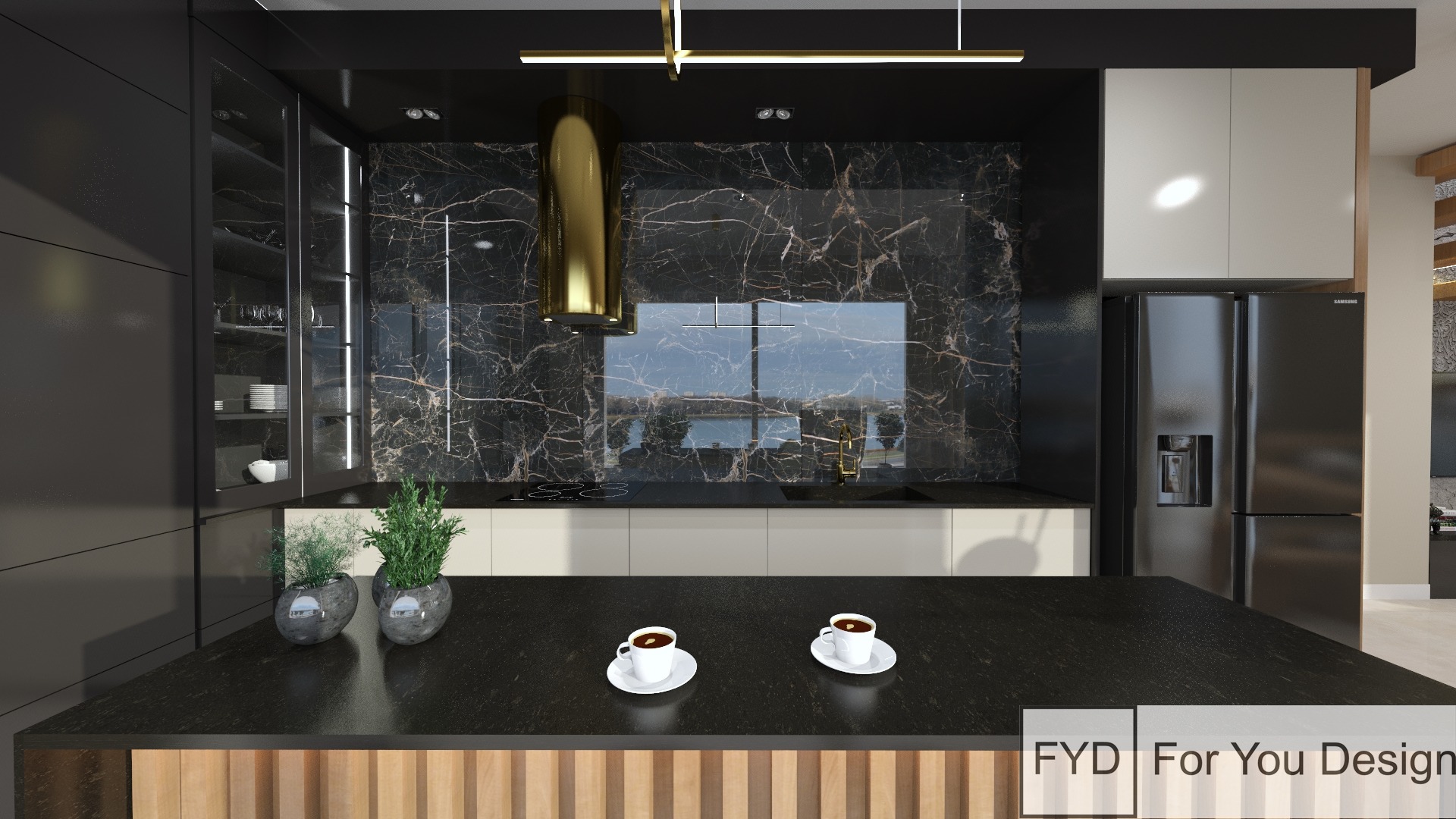 Nowoczesna kuchnia z czarnymi szafkami, marmurowym backsplashiem i złotymi akcentami, oświetlona wiszącą lampą, z dwoma filiżankami kawy na blacie wyspy.
