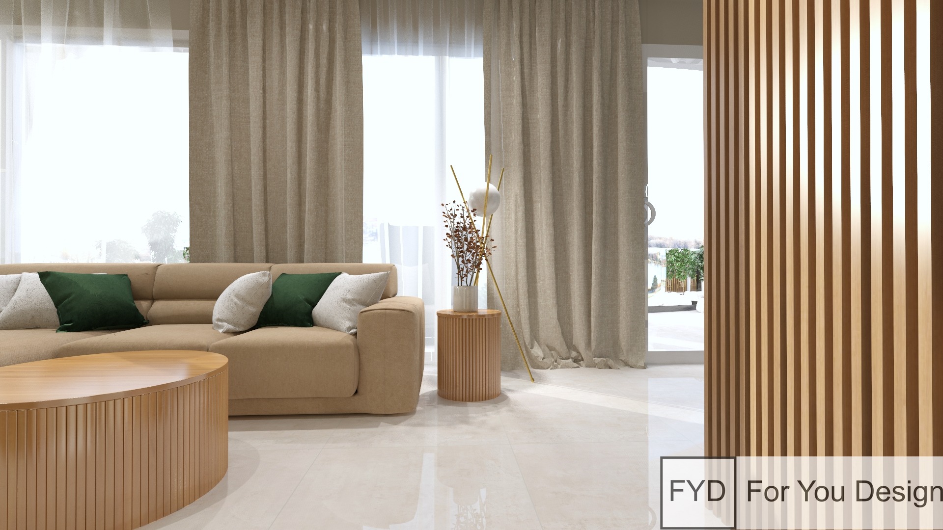 Jasny salon z beżową sofą, okrągłym stolikiem kawowym z lamelami, drewnianą ścianką działową z lamelami i zasłonami w oknie.