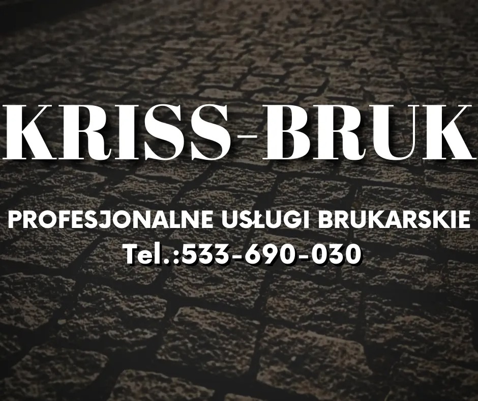 Logo firmy KRISS-BRUK na tle ułożonej kostki brukowej, oferującej profesjonalne usługi brukarskie, numer telefonu 533-690-030.