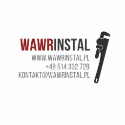 Logo firmy Wawrinastal z adresem strony internetowej, numerem telefonu, adresem e-mail oraz graficzną reprezentacją klucza do rur.