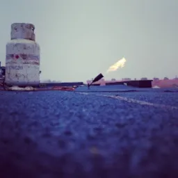 Butla gazowa i palnik dekarski podczas prac na pokrytym papą dachu, z widocznym płomieniem i budynkami w tle.