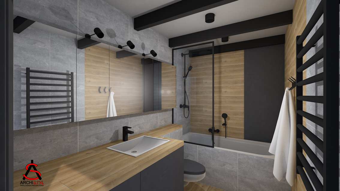 Wizualizacja łazienki w odcieniach szarości i drewna z czarnymi akcentami, grzejnik drabinkowy, umywalka nablatowa i kabina prysznicowa w stylu nowoczesnym.