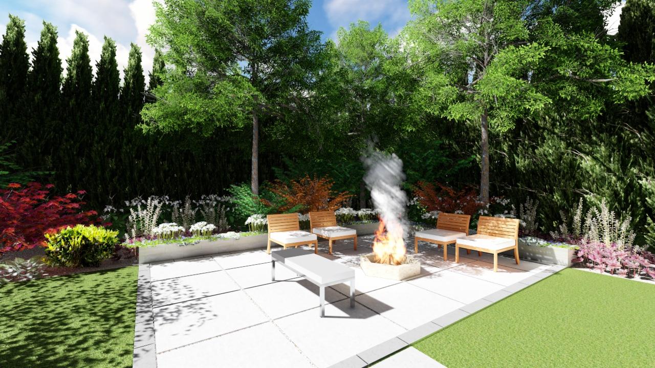 Wizualizacja ogrodu z paleniskiem otoczonym czterema drewnianymi krzesłami z białymi poduszkami, białym stolikiem, zielonym trawnikiem i różnorodną roślinnością w tle.
