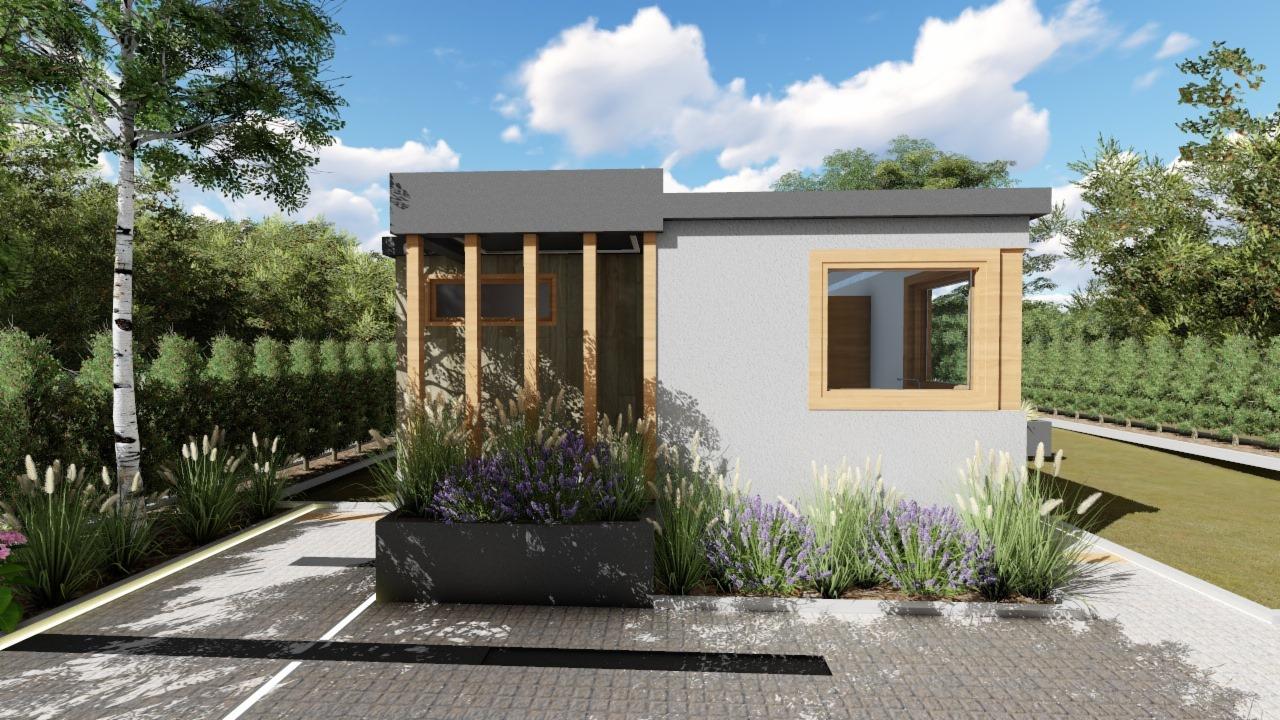 Wizualizacja nowoczesnego budynku z płaskim dachem, drewnianą elewacją i dużymi oknami, otoczona zielenią i kwiatami w donicach, z widoczną kostką brukową na podjeździe.