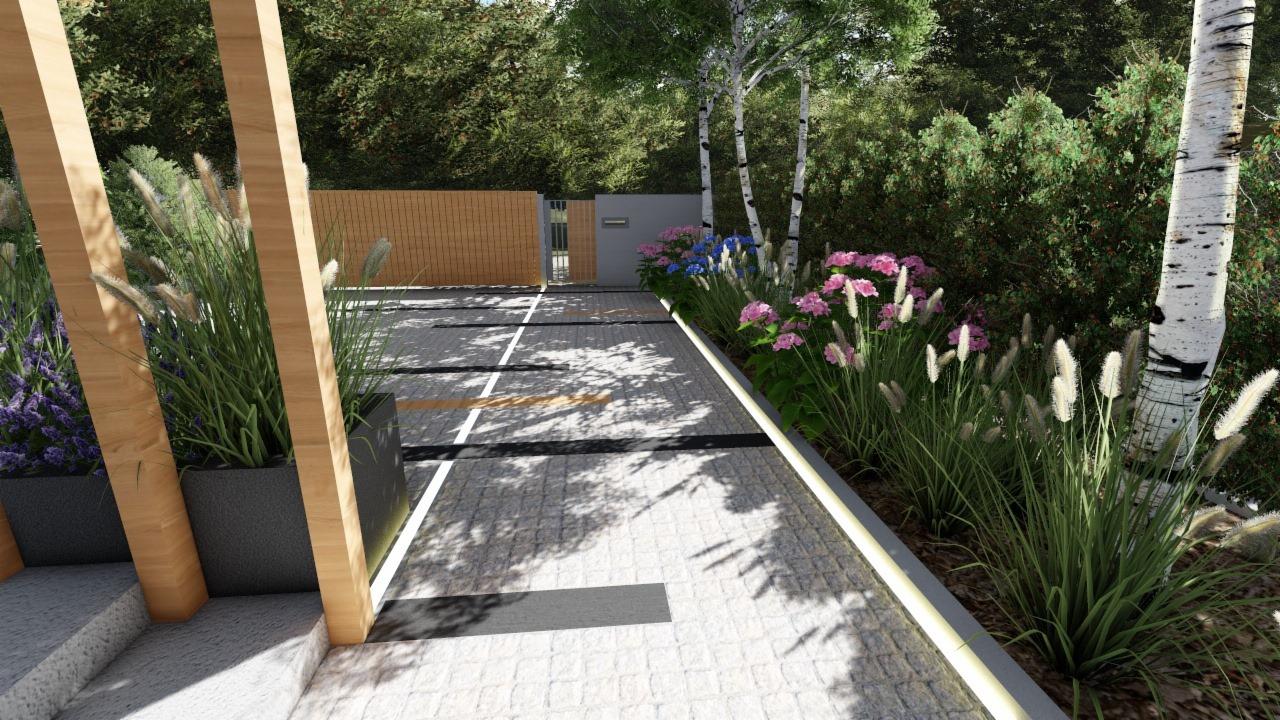 Wizualizacja ścieżki ogrodowej z szarej kostki brukowej, prowadzącej do drewnianej bramy, obramowanej rabatami z kwitnących różowych i niebieskich kwiatów oraz ozdobnych traw, z brzozami w tle.