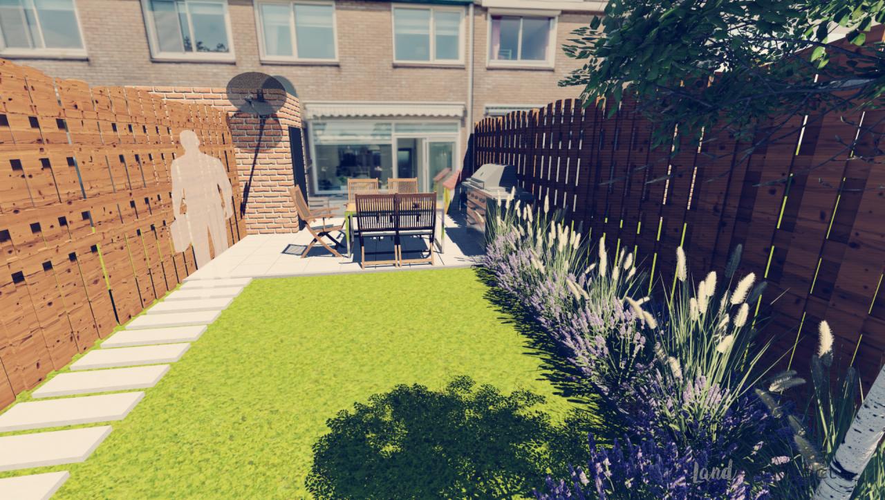 Wizualizacja ogrodu z drewnianym ogrodzeniem, ścieżką z płyt, trawnikiem, rabatą kwiatową, meblami ogrodowymi i grillem.