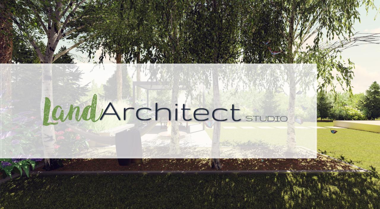 Wizualizacja ogrodu z pergolą, białymi brzozami i kwiatowymi rabatami, z nałożonym logo firmy Land Architect Studio.
