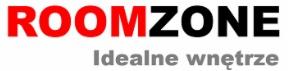 Logo firmy RoomZone z czerwonym napisem 'ROOM' i czarnym 'ZONE', pod nim szary napis 'Idealne wnętrze'.