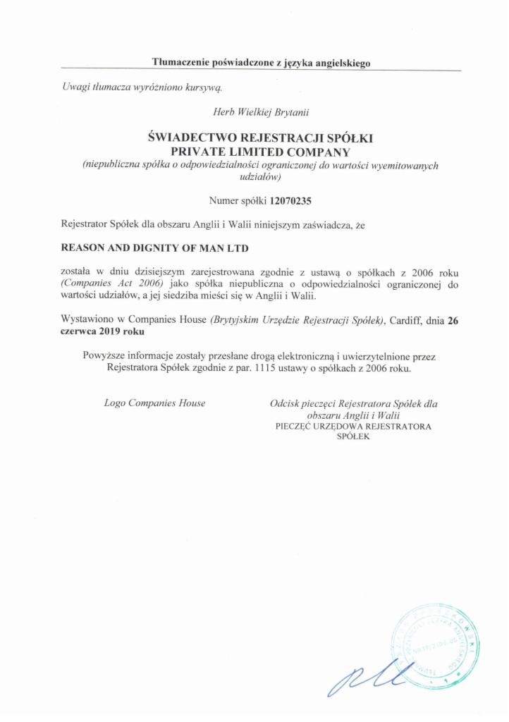 Skan dokumentu poświadczonego tłumaczenia z języka angielskiego, zawierającego świadectwo rejestracji spółki Private Limited Company, z pieczęcią urzędową i podpisem.
