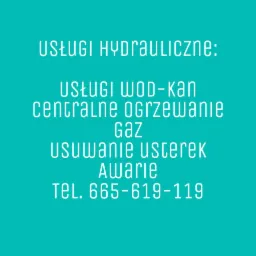 Napisy na turkusowym tle: Usługi hydrauliczne, WOD-KAN, centralne ogrzewanie, gaz, usuwanie usterek, awarie, numer telefonu.