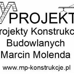 Logo firmy Marcin Molenda Projekty Konstrukcji Budowlanych z symbolem muru i dźwigu, adres strony www.mp-konstrukcje.pl