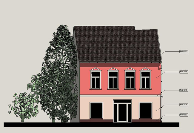 Wizualizacja dwukondygnacyjnego budynku z ciemnym dachem i różową elewacją, z oknami z trójkątnymi zwieńczeniami, drzewo po lewej stronie, oznaczenia kolorów RAL.