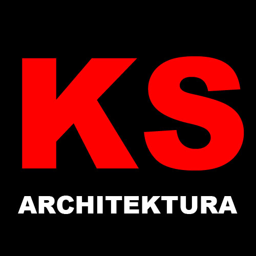 Logo firmy architektonicznej KS Architektura, z czerwonymi literami KS na czarnym tle i białym napisem ARCHITEKTURA poniżej.