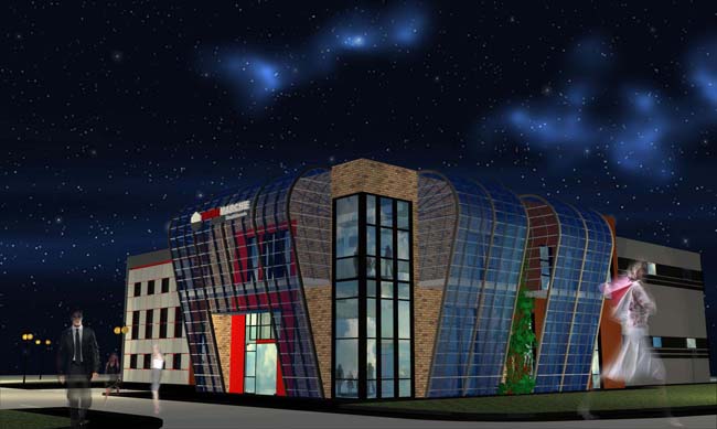 Wizualizacja budynku usługowego z przeszkloną fasadą, widoczny fragment logo firmy, nocne tło z gwiazdami, sylwetki przechodzących osób.