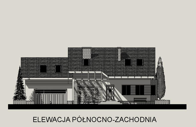 Rysunek techniczny elewacji północno-zachodniej domu jednorodzinnego z garażem, prezentujący detale architektoniczne i układ bryły budynku.