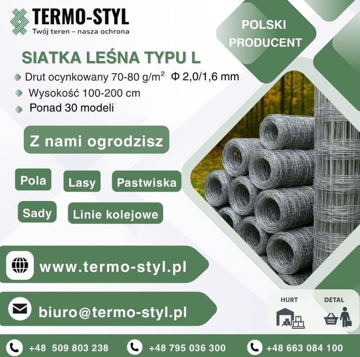 Siatka leśna typu L od polskiego producenta Teremo-Styl. Ocynkowany drut, wysokość 100-200 cm. Zastosowanie: pola, lasy, pastwiska, sady, linie kolejowe. Sprzedaż hurtowa i detaliczna.