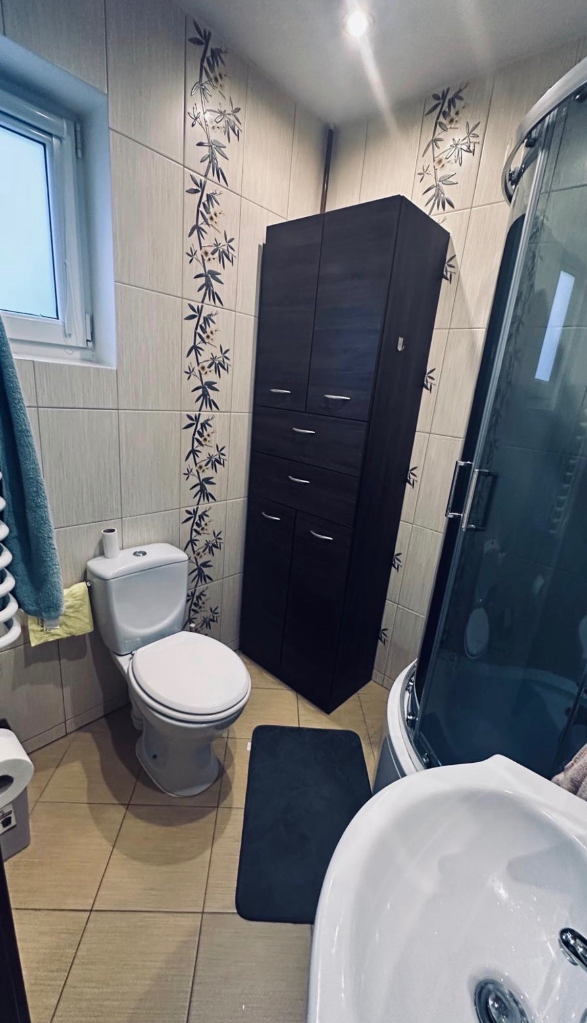 Wykończona łazienka z kabiną prysznicową, toaletą, umywalką i szafką w ciemnym kolorze. Na ścianach płytki z motywem roślinnym. Widok na całe pomieszczenie.