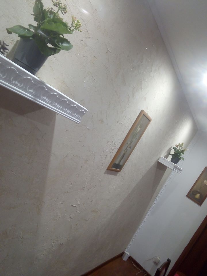 Dekoracyjna ściana z fakturą, ozdobiona dwoma obrazami w ramkach oraz dwoma półkami z roślinami w doniczkach, oświetlona górnym światłem.