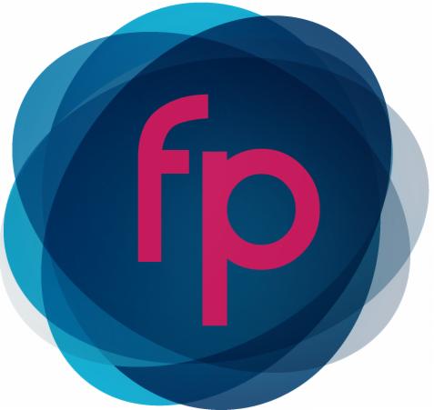 Abstrakcyjne logo z różowymi literami 'fp' na tle ciemnoniebieskich, półprzezroczystych okręgów.