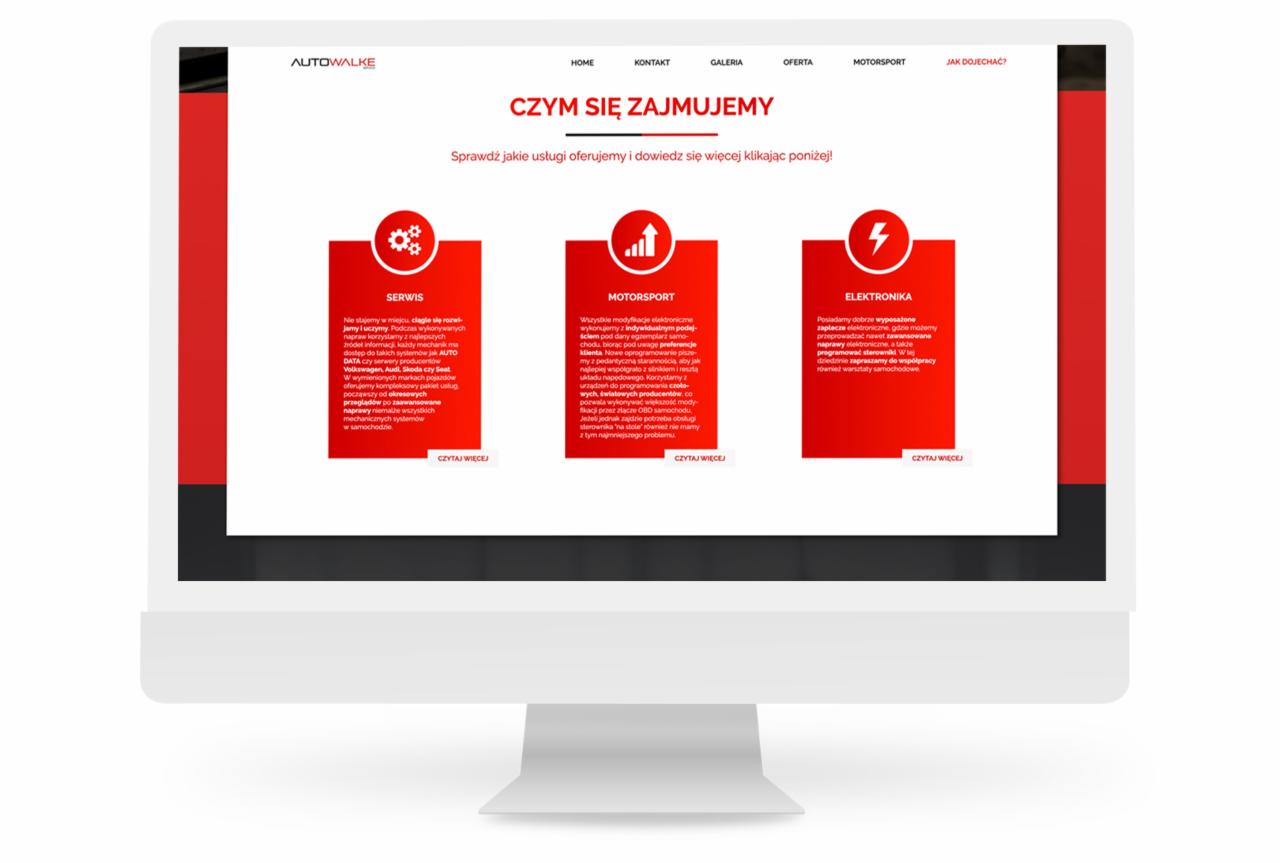 Strona internetowa firmy motoryzacyjnej Autowalke wyświetlona na monitorze komputera, prezentująca trzy główne obszary działalności: serwis, motorsport i elektronika, z krótkimi opisami...
