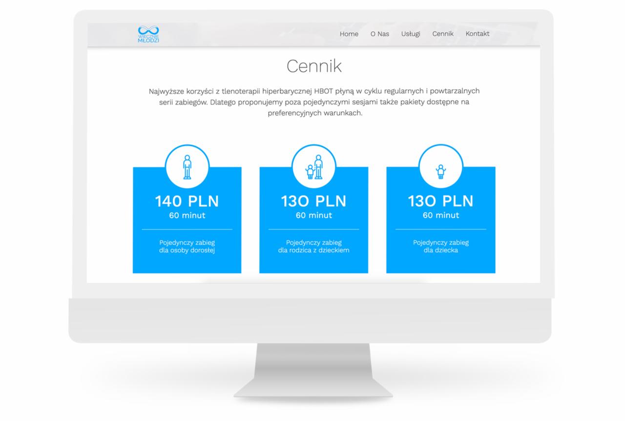 Ekran monitora wyświetlający cennik usług tlenoterapii hiperbarycznej w kolorze niebieskim i białym, z ofertą pojedynczych zabiegów dla osoby dorosłej, rodzica z dzieckiem i samego dziecka,...