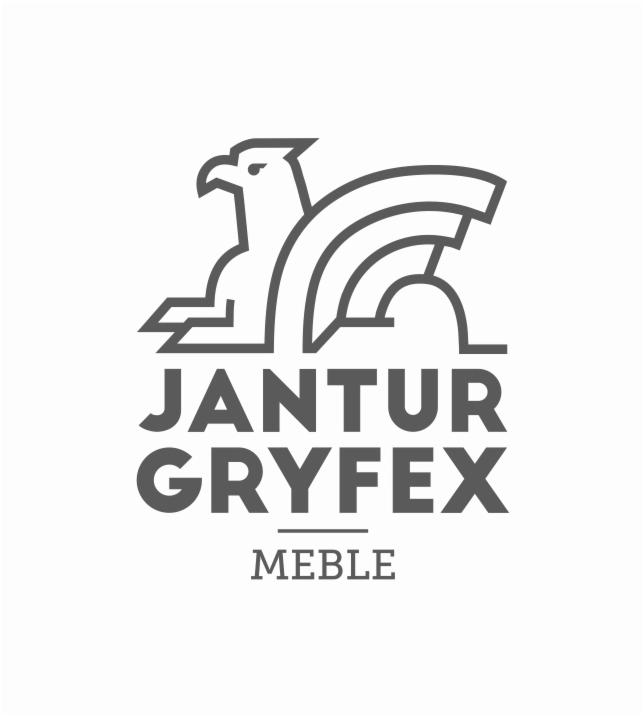 Minimalistyczny logotyp firmy meblowej Jantur Gryfex z symbolem gryfa w szarym kolorze na białym tle. Prosty, elegancki design.