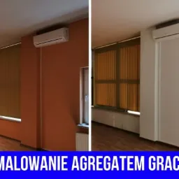 Porównanie ściany przed i po malowaniu agregatem Graco; po lewej ściana w kolorze pomarańczowym, po prawej w kolorze białym, widoczny klimatyzator, rolety pionowe i grzejnik.
