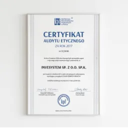 Certyfikat Audytu Etycznego za rok 2017, wydany przez Konferencję Przedsiębiorstw Finansowych w Polsce, potwierdzający zgodność firmy Invesystem Sp. z o.o. Sp.k. z zasadami dobrych praktyk...