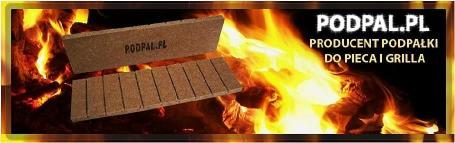 Dwie listwy podpałki z napisem PODPAL.PL na tle płomieni ognia, obok napis PODPAL.PL PRODUCENT PODPAŁKI DO PIECA I GRILLA.