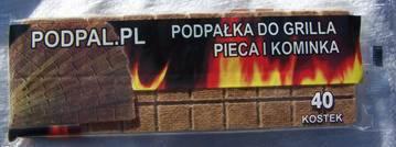 Opakowanie podpałki do grilla, pieca i kominka w formie 40 kostek, z widocznym logo Podpal.pl i grafiką płomieni.