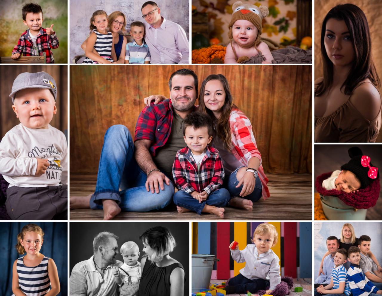 Kolaż z portretów rodzinnych i dziecięcych, w tym ujęcia noworodków w kostiumach i sesje z rodzicami i dziećmi w różnorodnych stylizacjach.