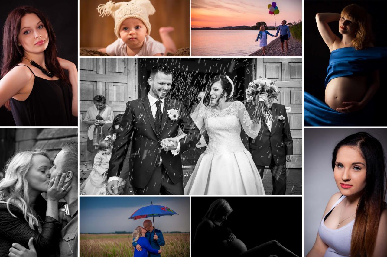 Kolaż zdjęć przedstawiający różnorodne sesje fotograficzne: portret kobiety, uśmiechnięte niemowlę w czapce, para trzymająca balony nad jeziorem o zachodzie słońca, kobieta w ciąży owinięta...